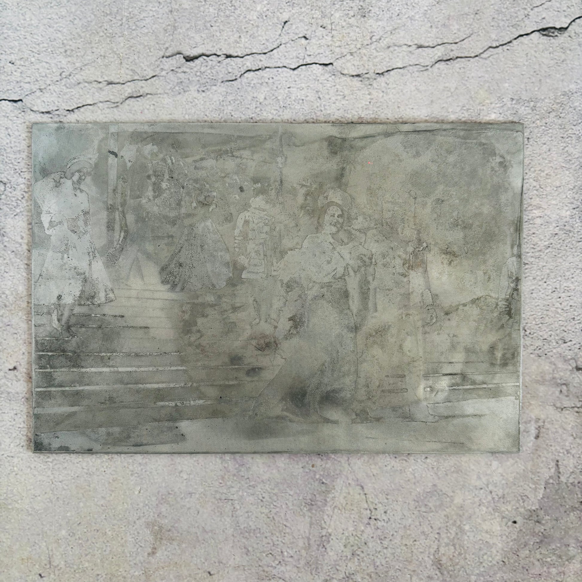 Steel printing plate of King George with Queen Elizabeth walking down stairs crowd and Beefeaters, on their Silver Wedding day
