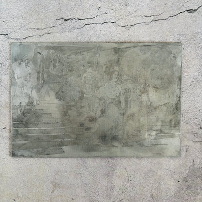 Steel printing plate of King George with Queen Elizabeth walking down stairs crowd and Beefeaters, on their Silver Wedding day