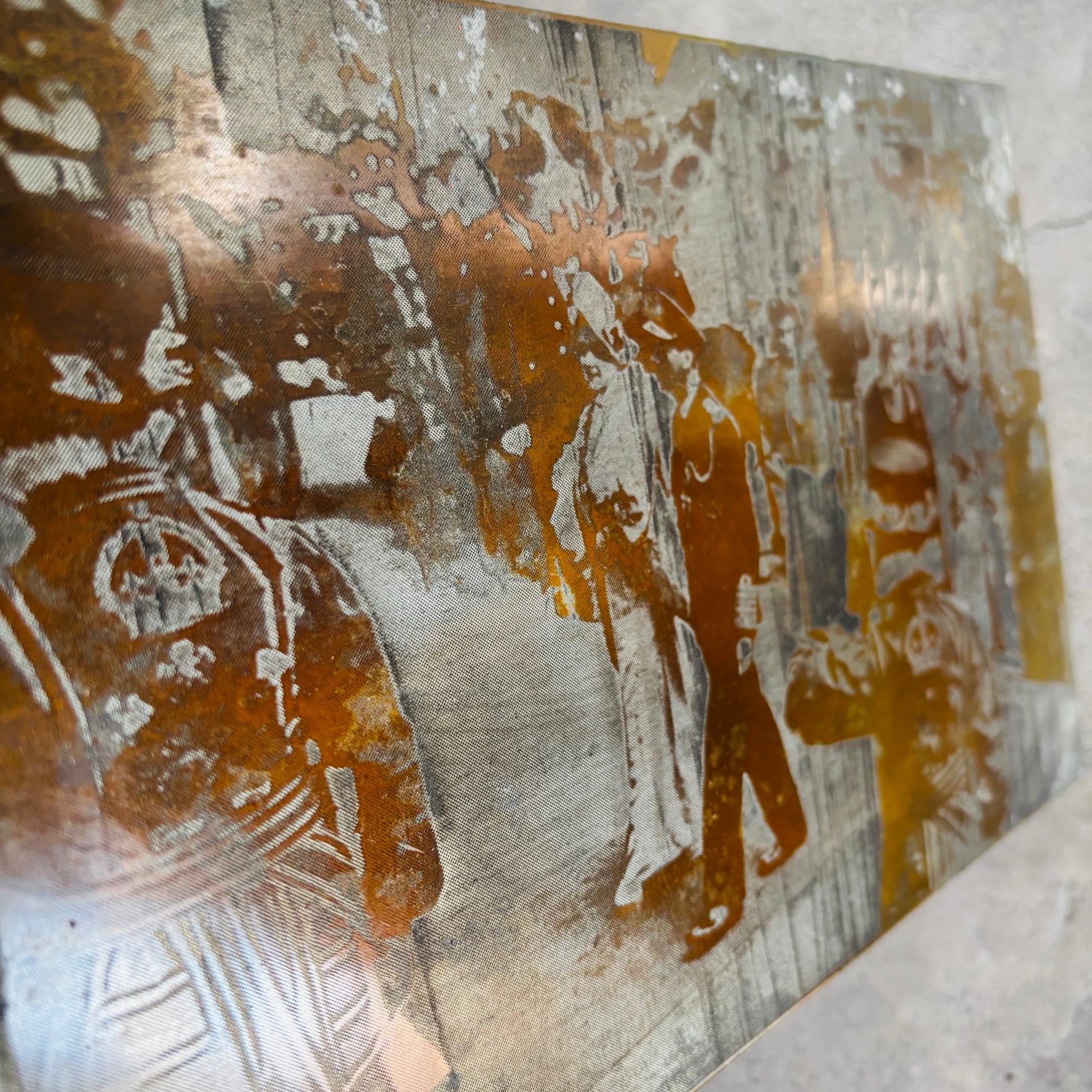 Steel printing plate of King George with Queen Elizabeth walking through the crowd and Beefeaters, on their Silver Wedding day