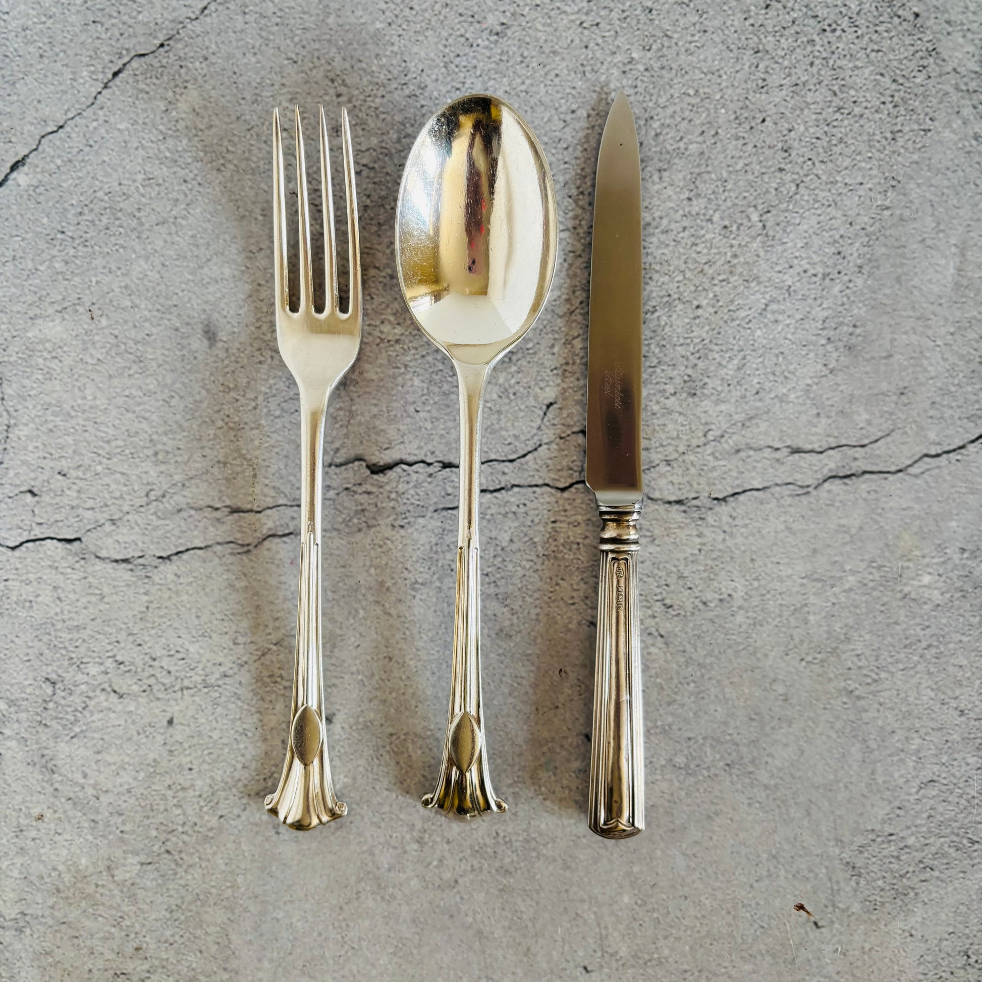 Antique Silver spoon, fork and knife 