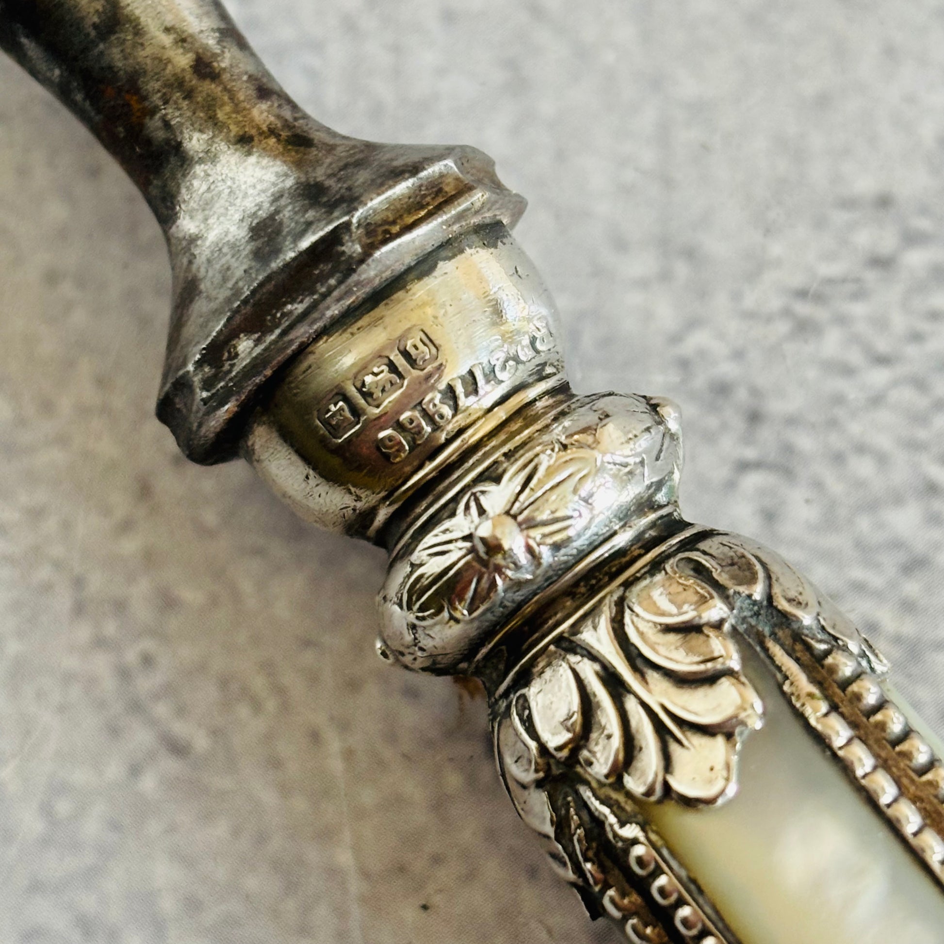 Decorative silver and bone handle with hallmarks engraving on a textured grey background