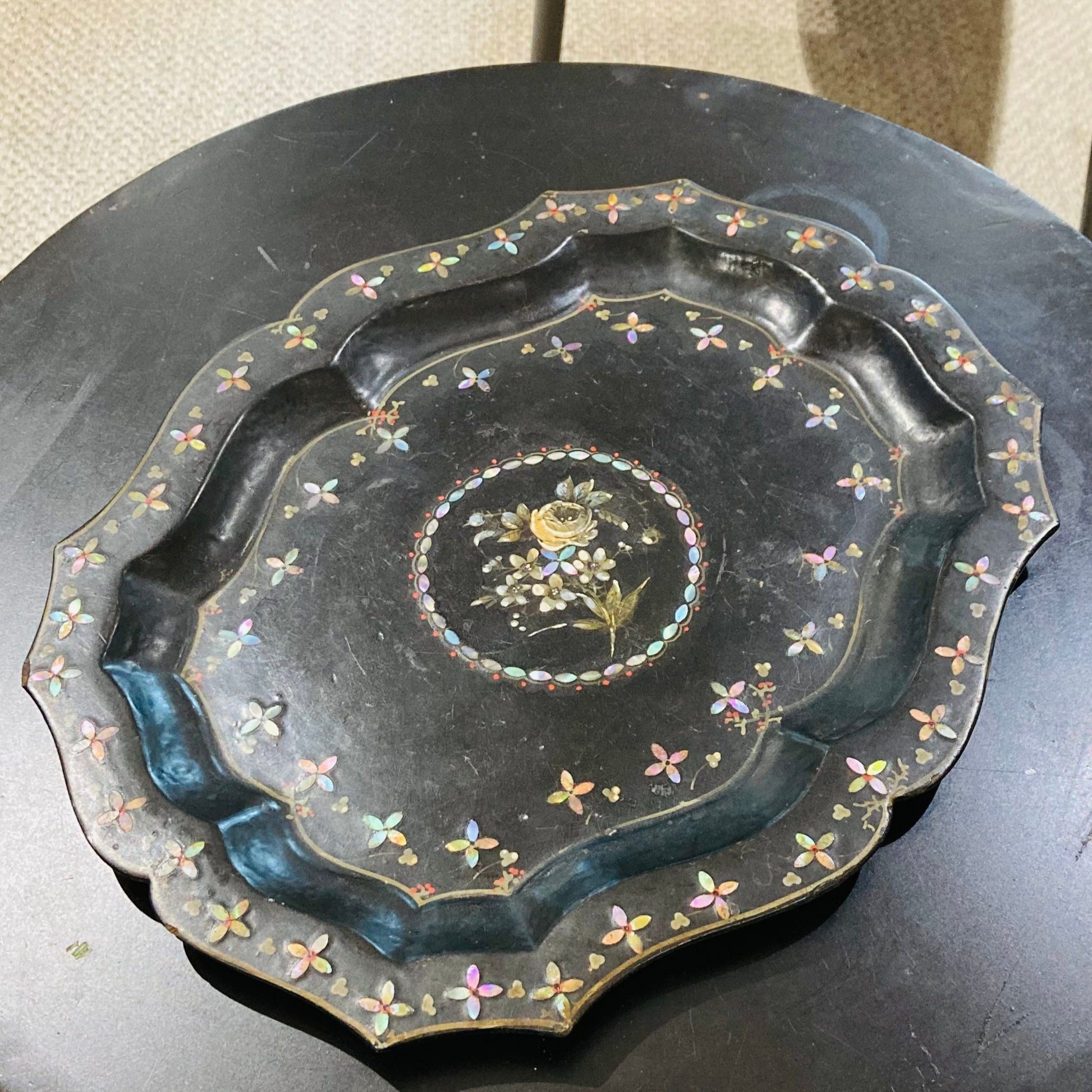 Antique Scalloped Paper Mache Lacquer Tray With  Mother Of Pearl