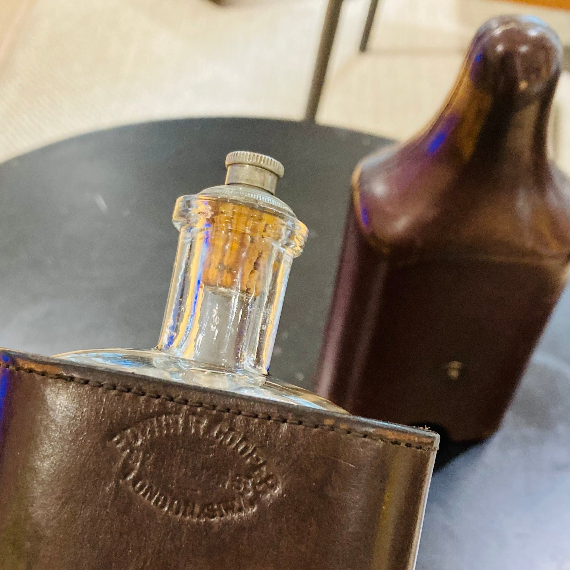 Antique Leather Travel Flask Holder and Glass Bottle