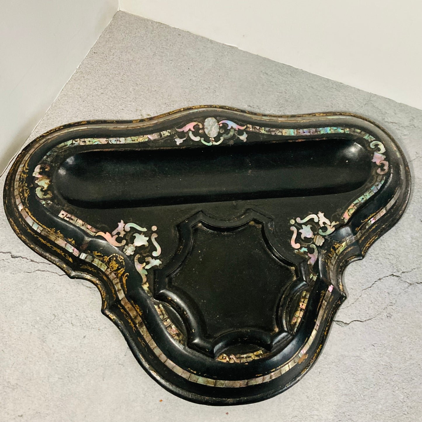 Antique Paper Mache Black Lacquer Inkwell and Pen Tray