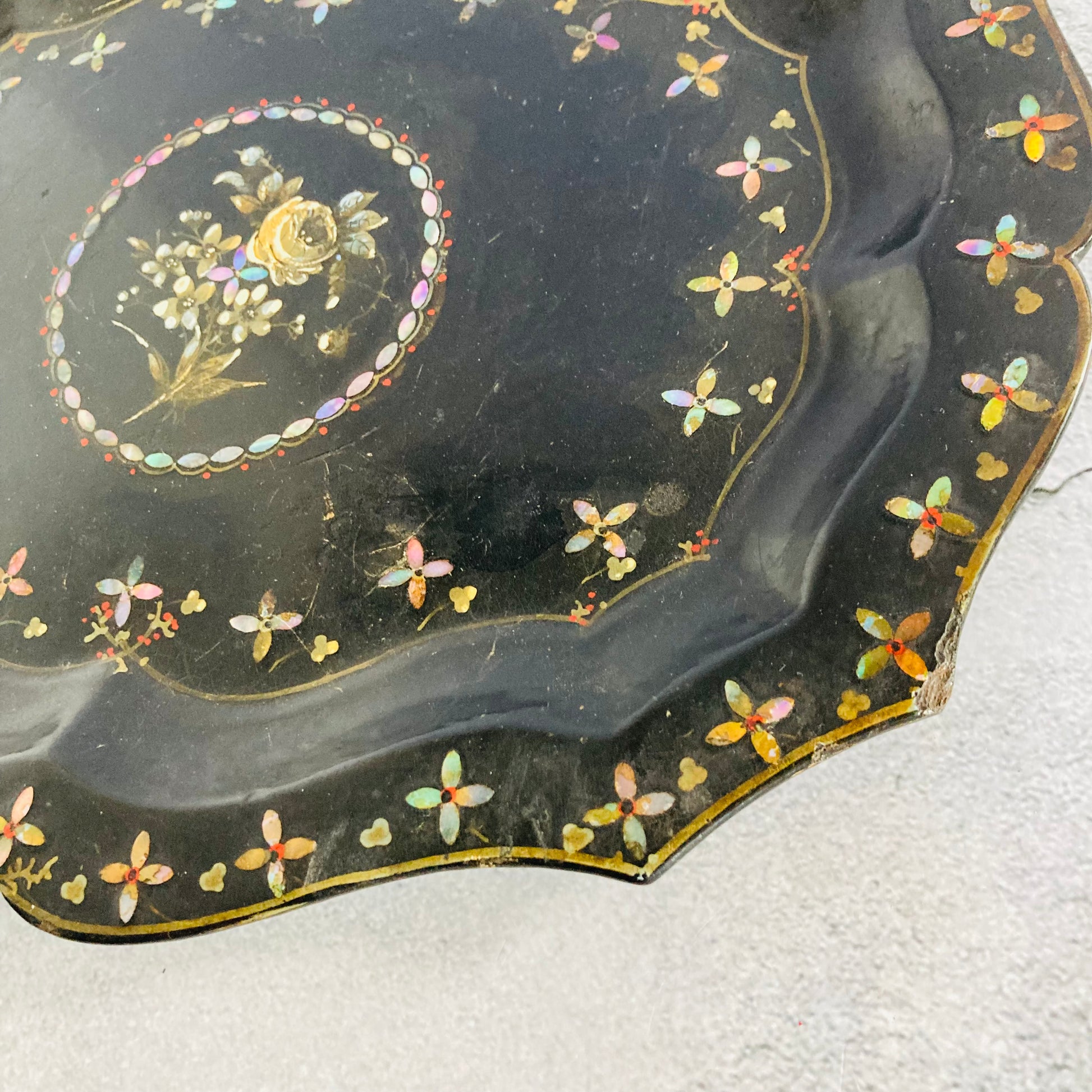 Antique Scalloped Paper Mache Lacquer Tray With  Mother Of Pearl