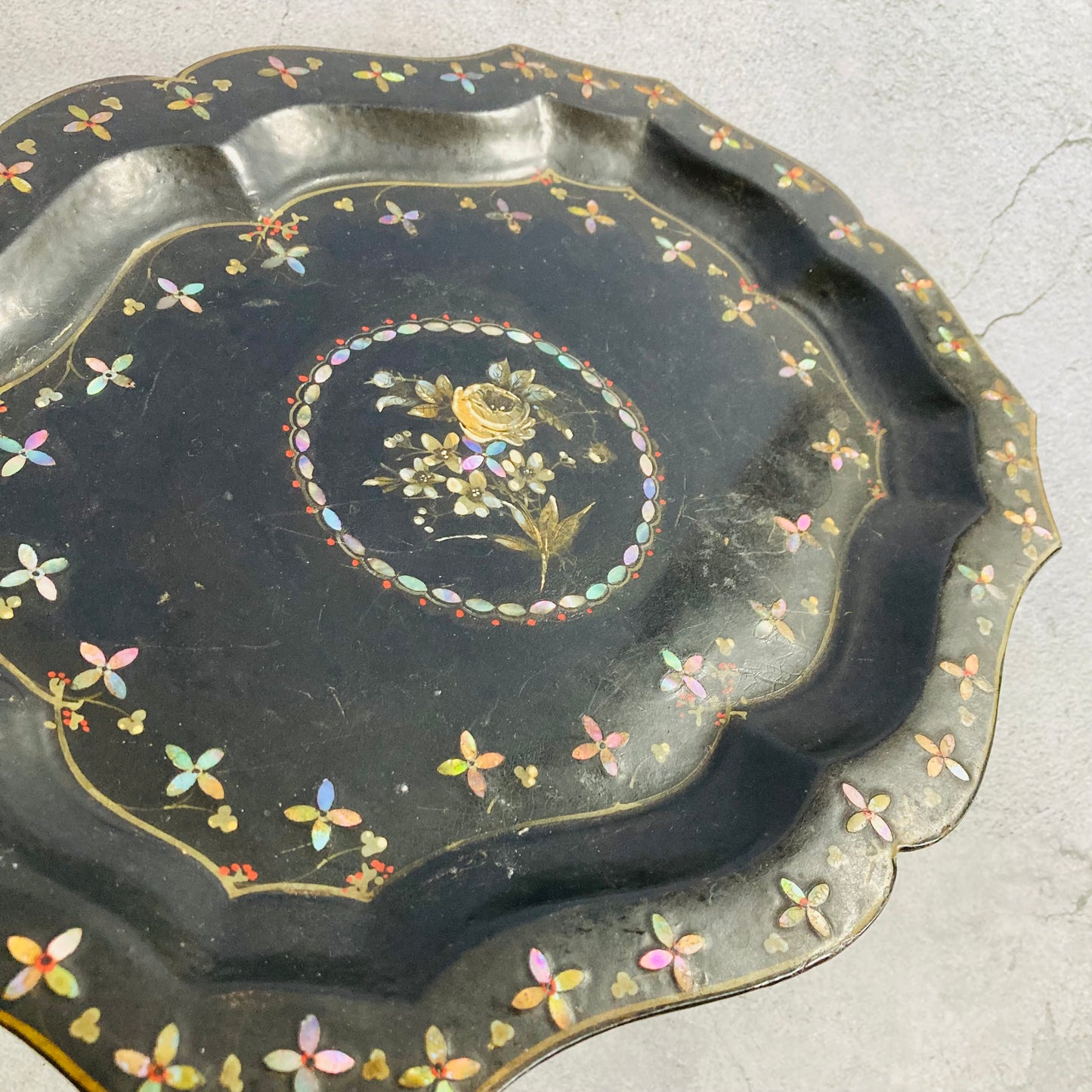 Antique Scalloped Paper Mache Lacquer Tray With  Mother Of Pearl