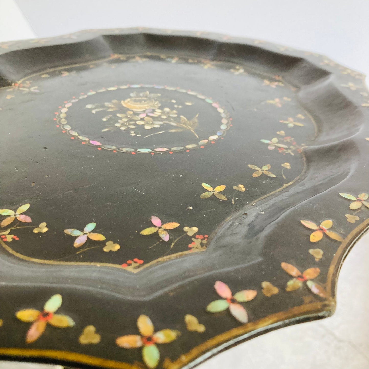 Antique Scalloped Paper Mache Lacquer Tray With  Mother Of Pearl