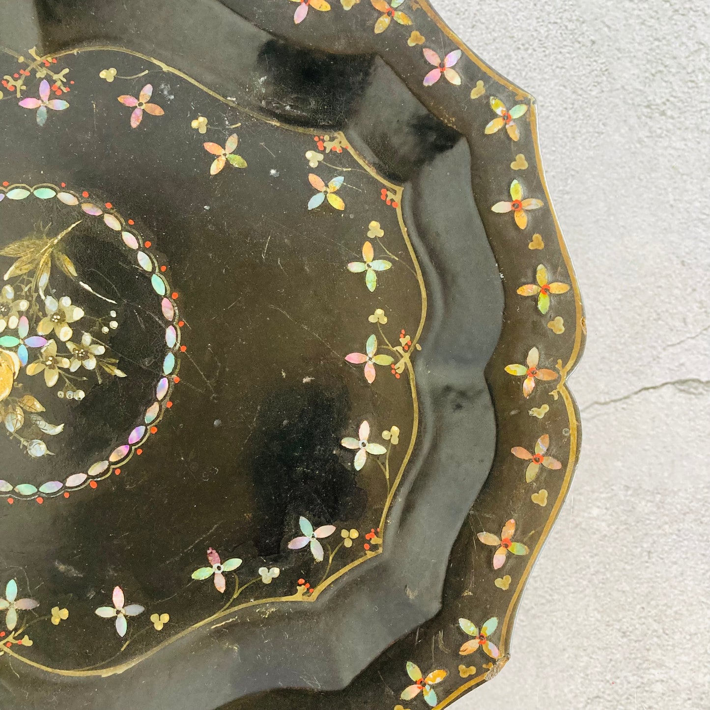 Antique Scalloped Paper Mache Lacquer Tray With  Mother Of Pearl