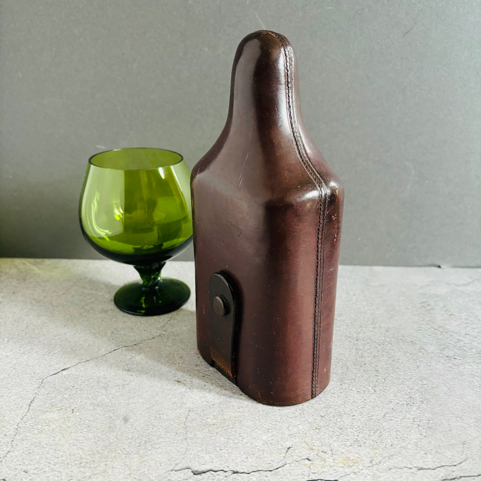 Antique Leather Travel Flask Holder and Glass Bottle