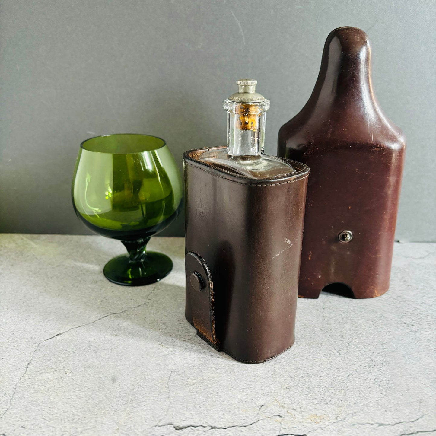 Antique Leather Travel Flask Holder and Glass Bottle