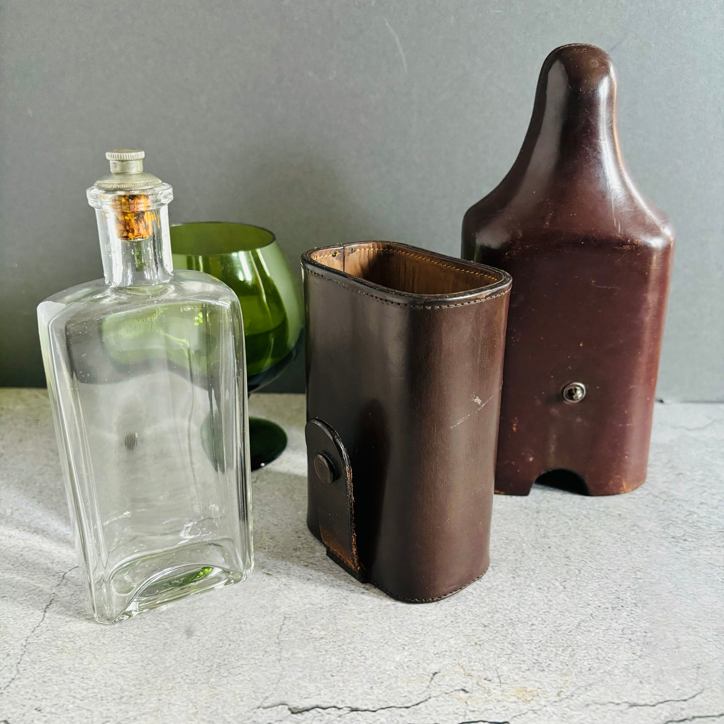 Antique Leather Travel Flask Holder and Glass Bottle