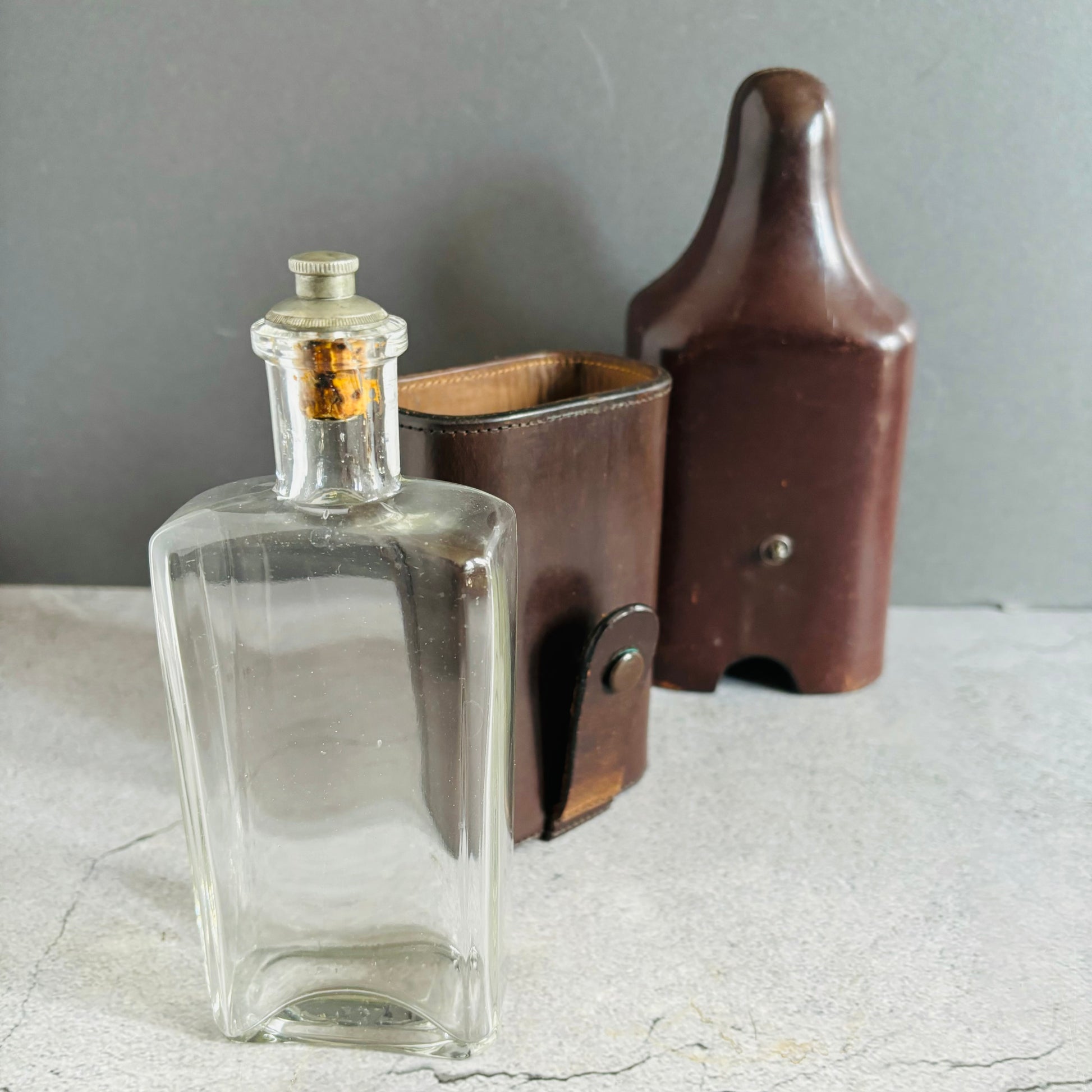 Antique Leather Travel Flask Holder and Glass Bottle