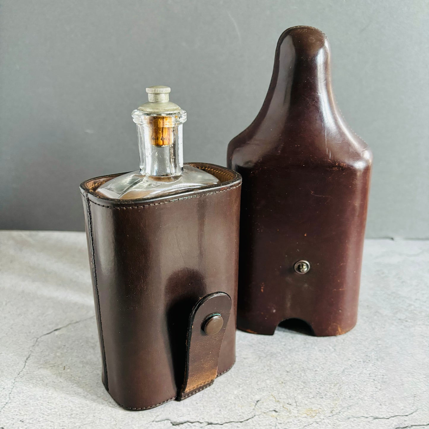 Antique Leather Travel Flask Holder and Glass Bottle