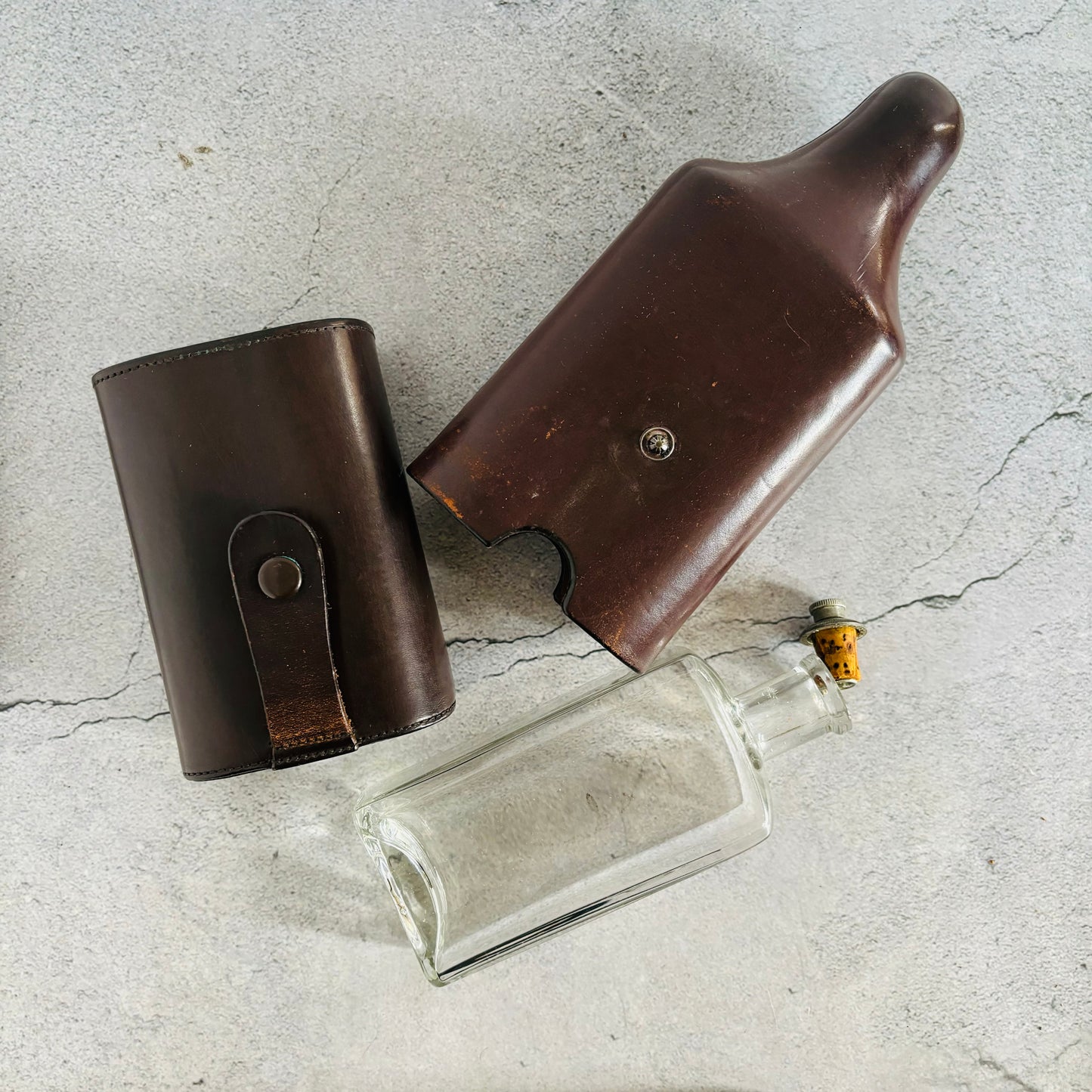 Antique Leather Travel Flask Holder and Glass Bottle