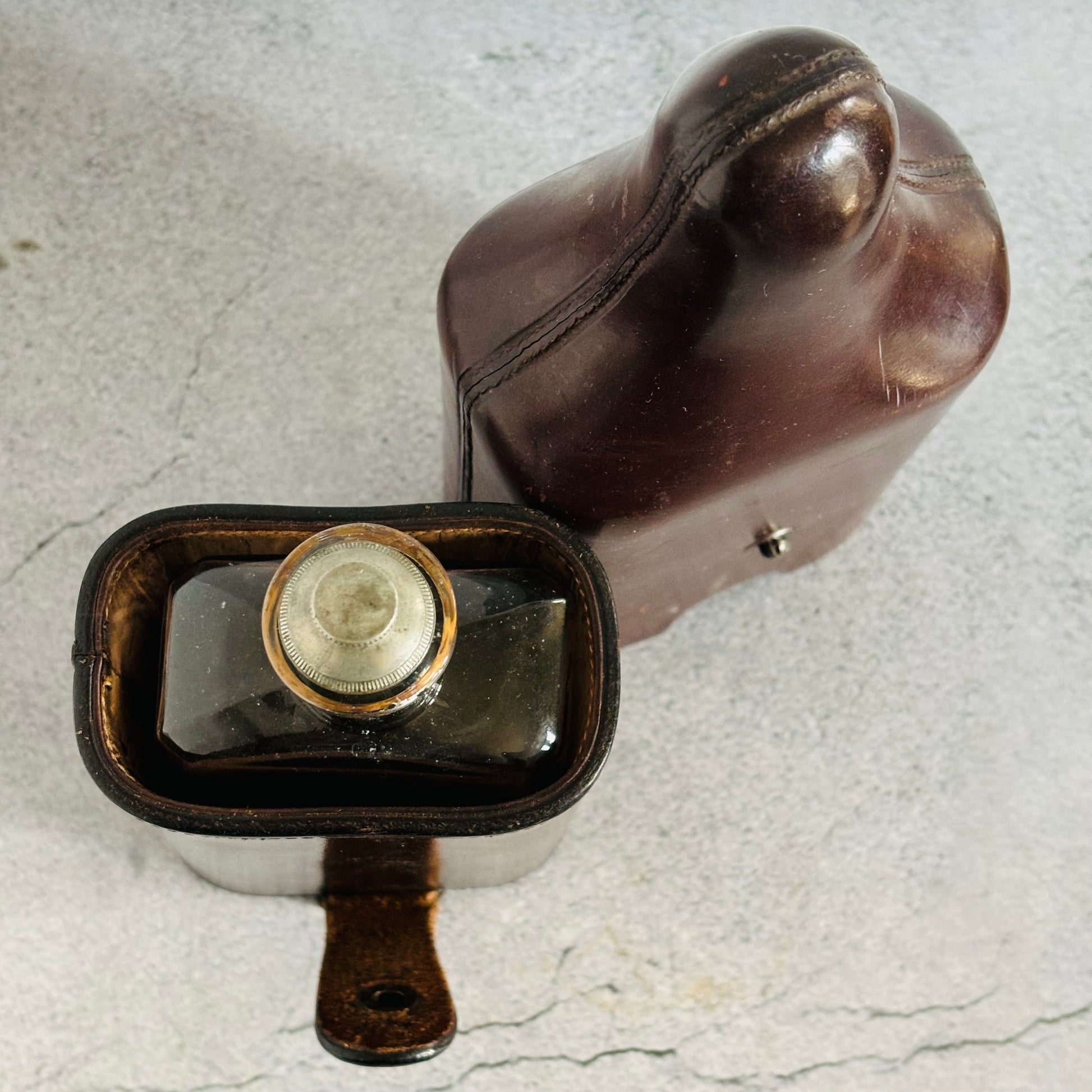 Antique Leather Travel Flask Holder and Glass Bottle