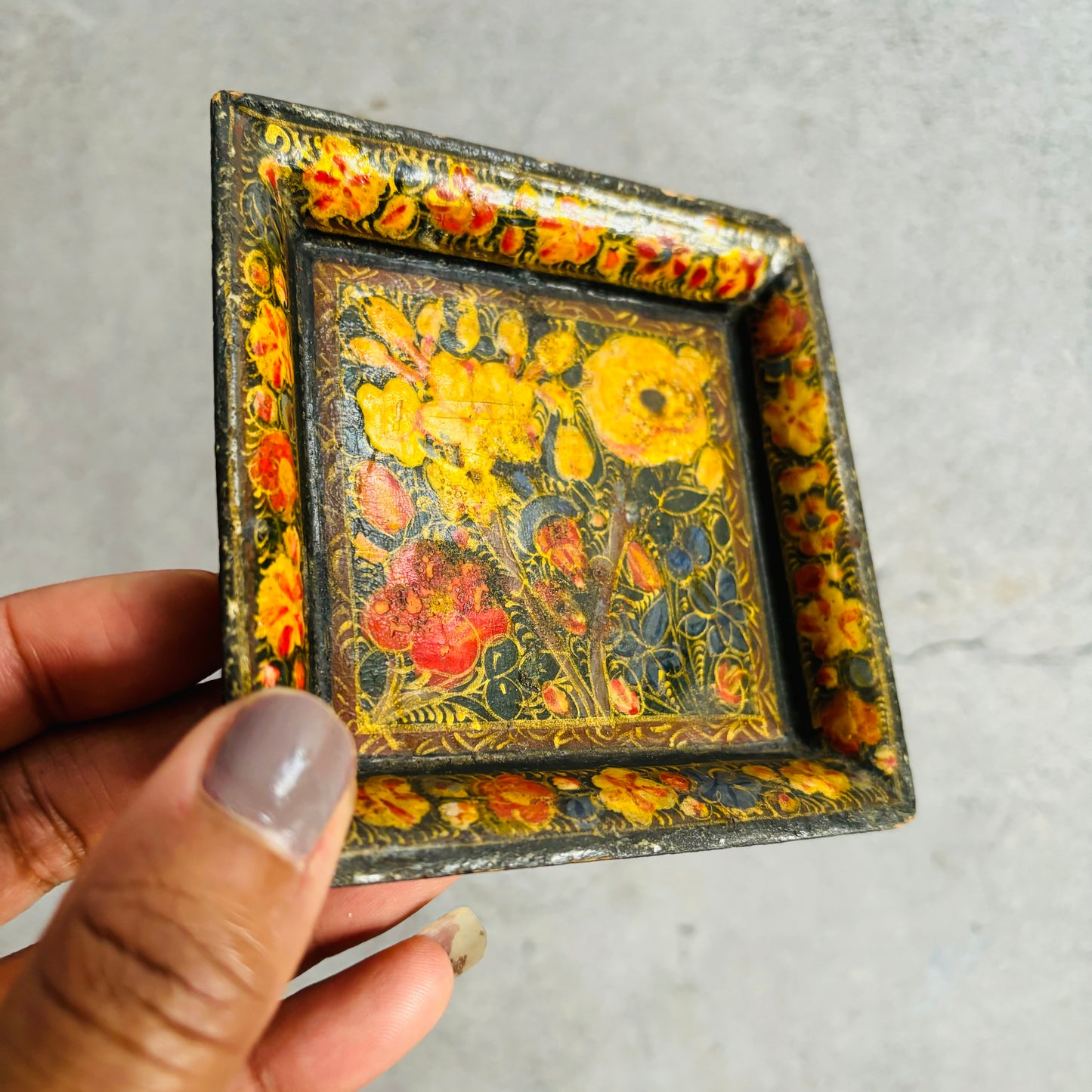 Antique Paper Mache Kashmir Small Square Tray