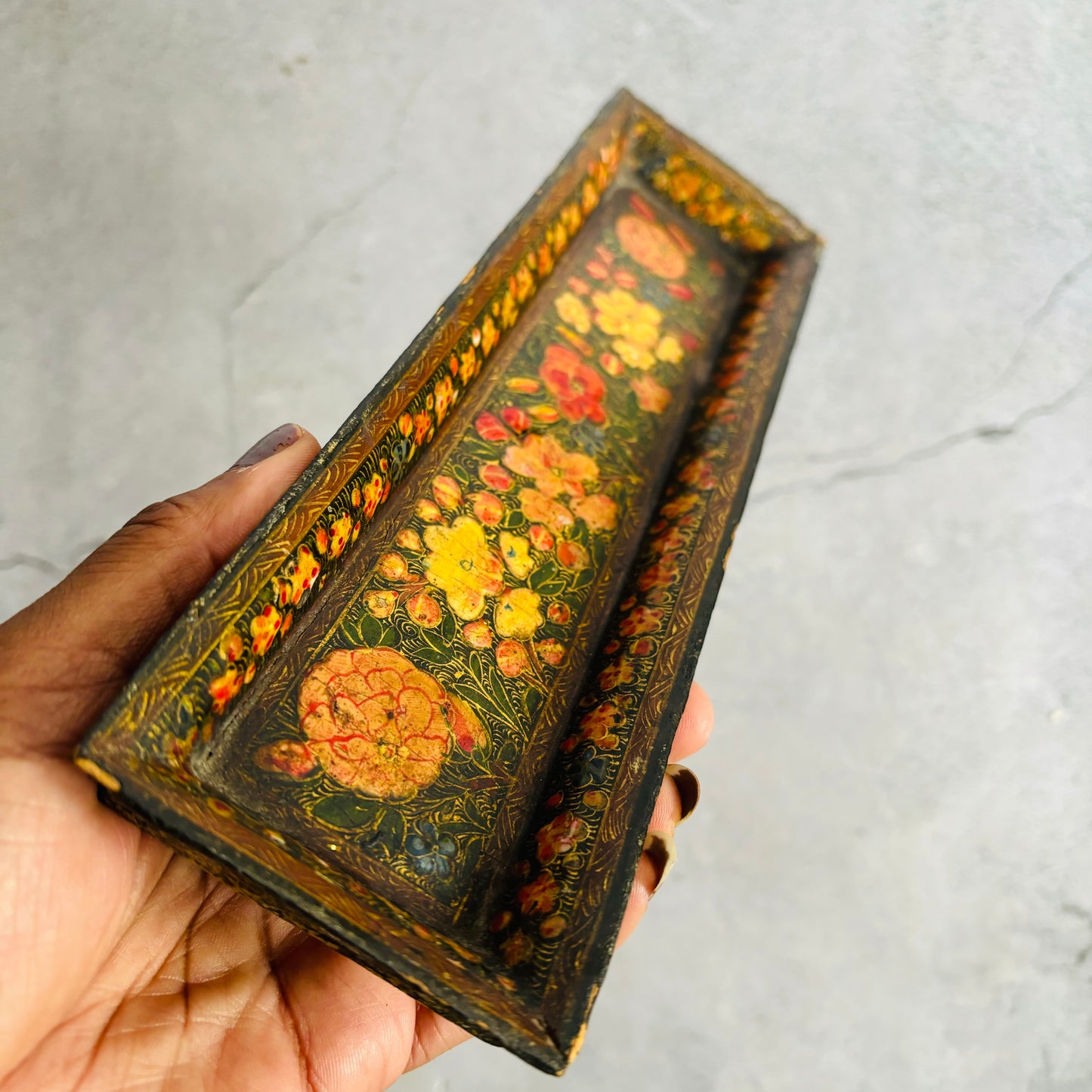 Antique Paper Mache Kashmir Rectangle Pen Tray