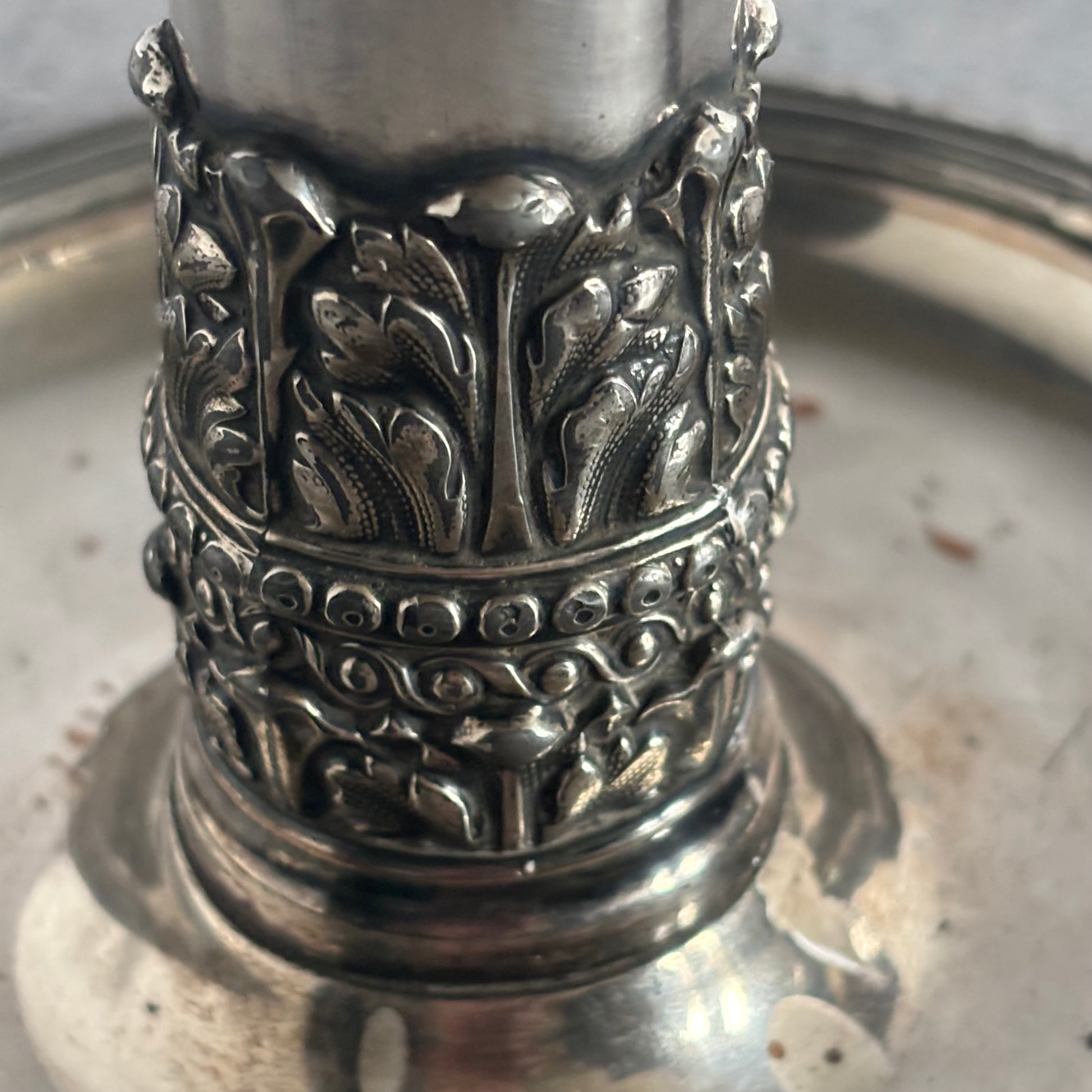 Close up detail of Rare Antique Old Sheffield Plate Spring Loaded Candlestick