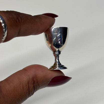 Hand holding a small silver cup against a plain background
