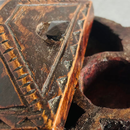 Close-up of a textured brown Antique Indian Wooden Spice Box Swivel Lid | The Urban Vintage Affair