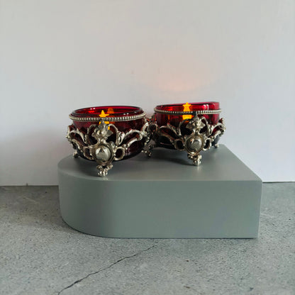 Ornate Antique Silver Salts | Beautiful Ruby Glass | Candle Tea-light holders 