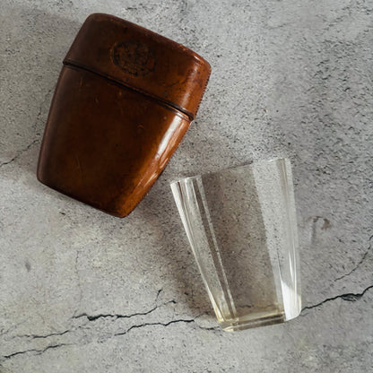 Antique Leather Travel Cup Holder and Glass Cup