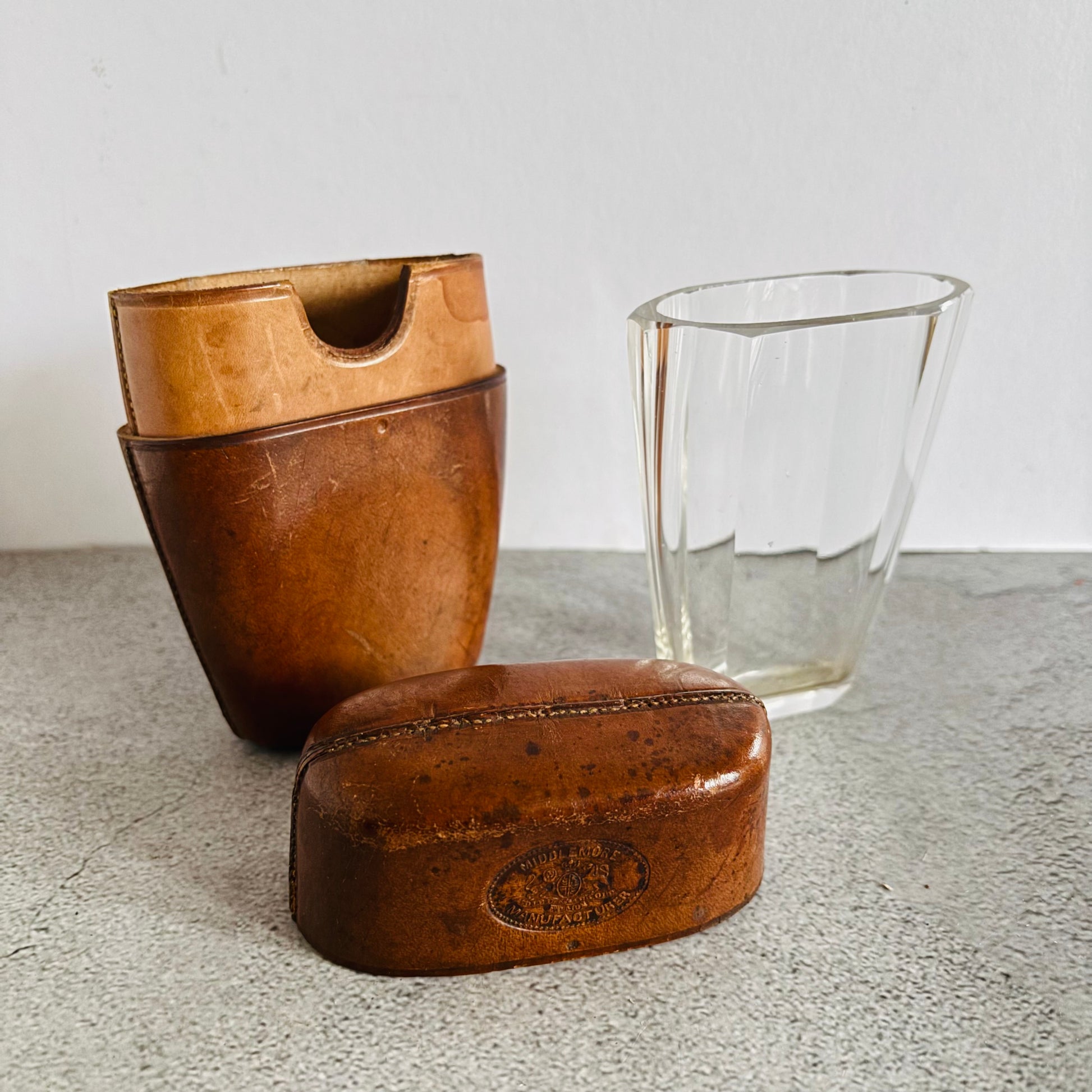 Antique Leather Travel Cup Holder and Glass Cup