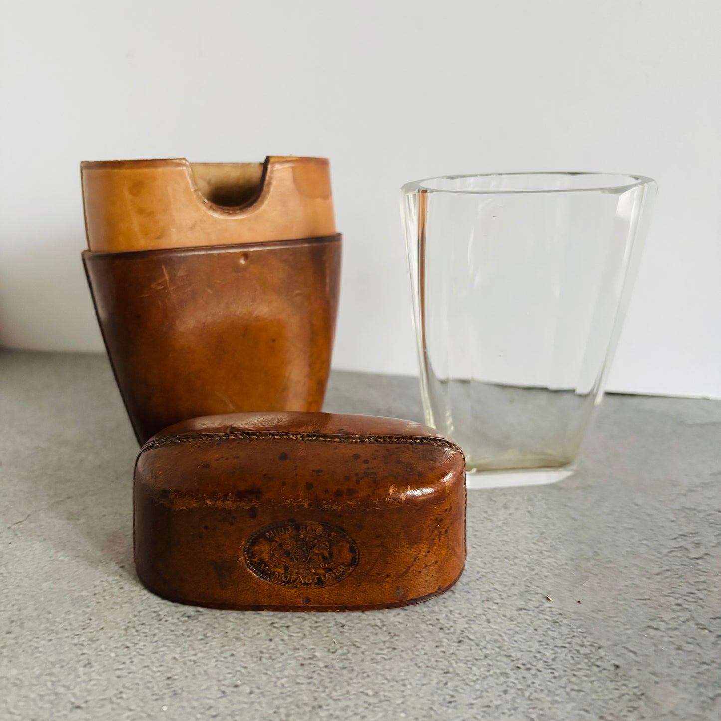 Antique Leather Travel Cup Holder and Glass Cup