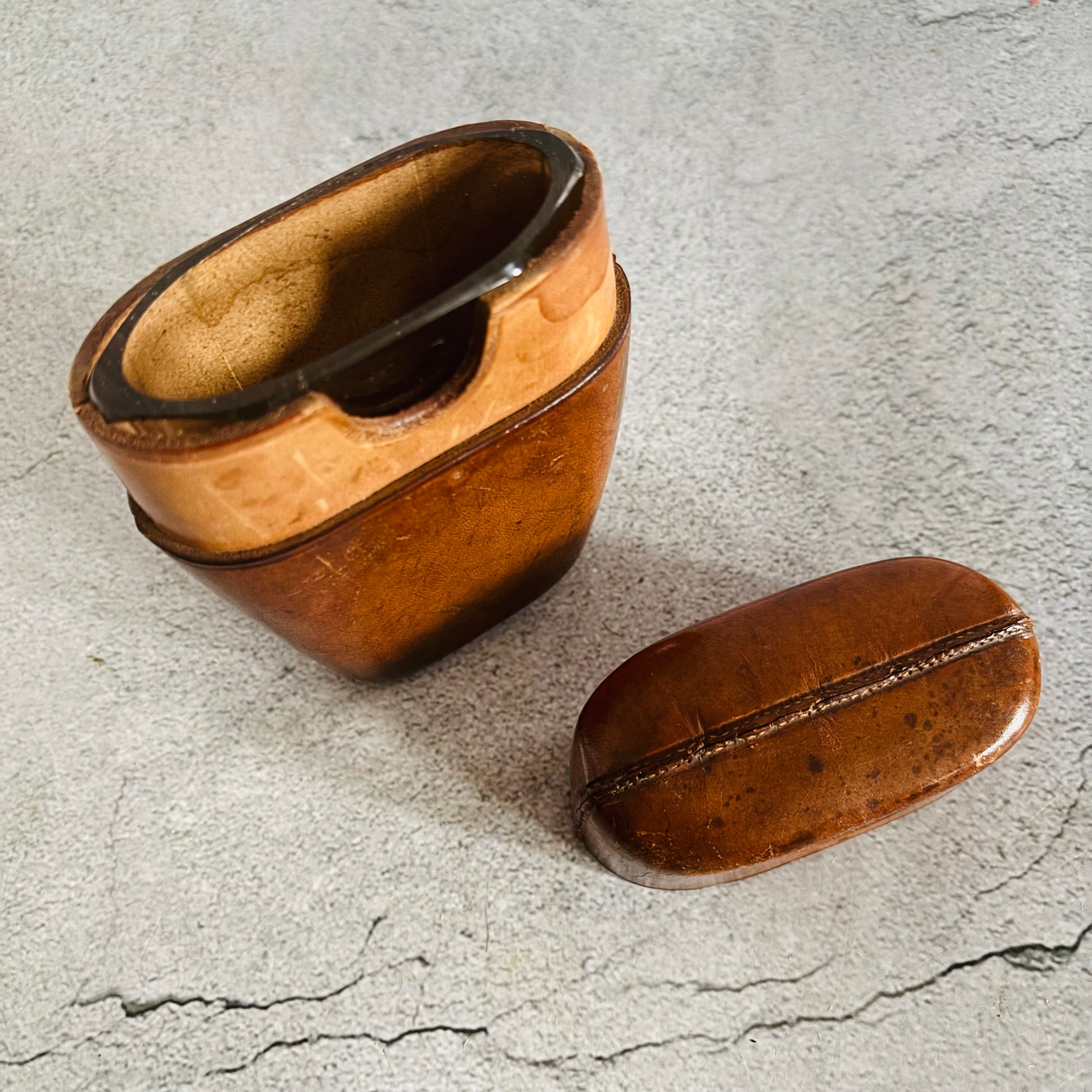 Antique Leather Travel Cup Holder and Glass Cup