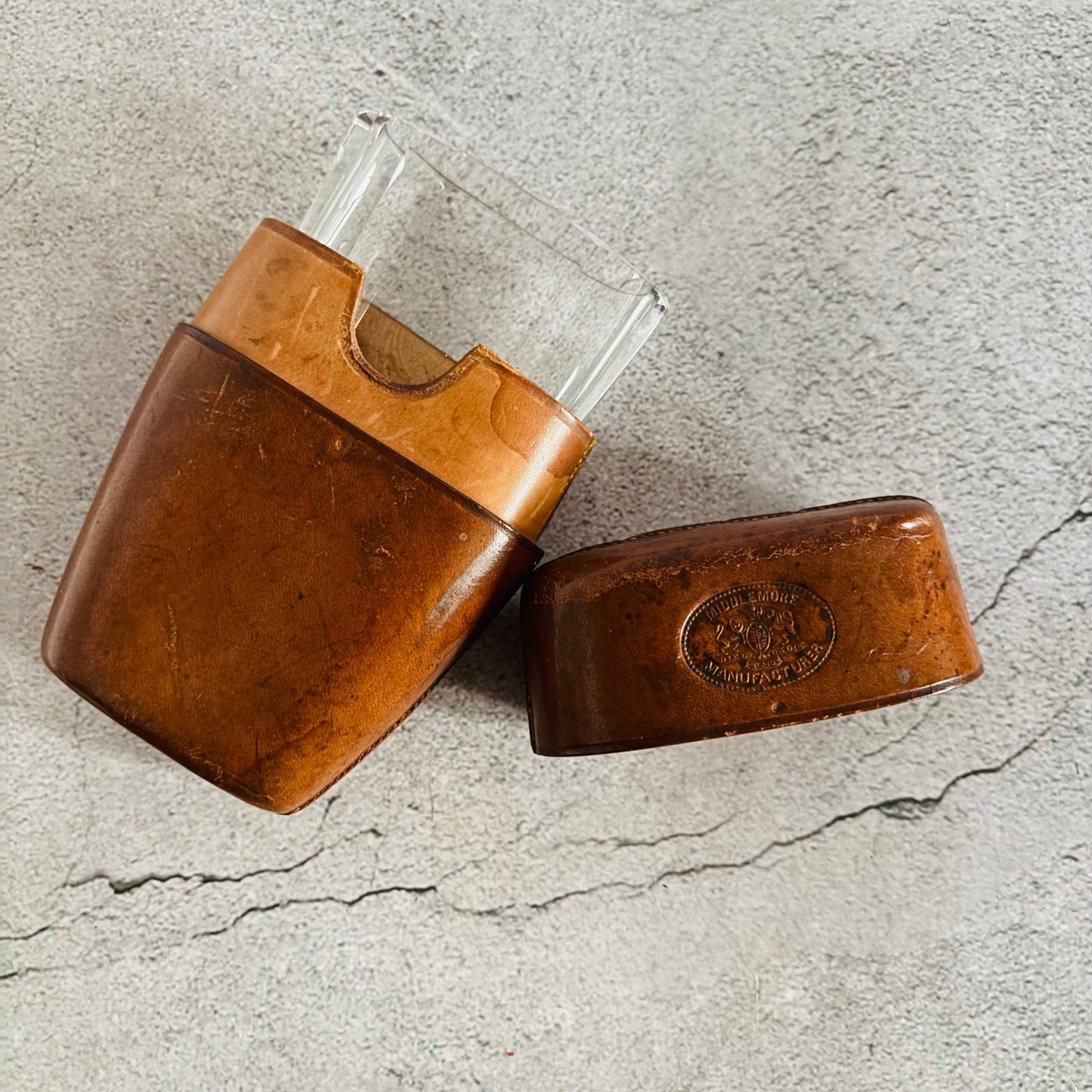 Antique Leather Travel Cup Holder and Glass Cup