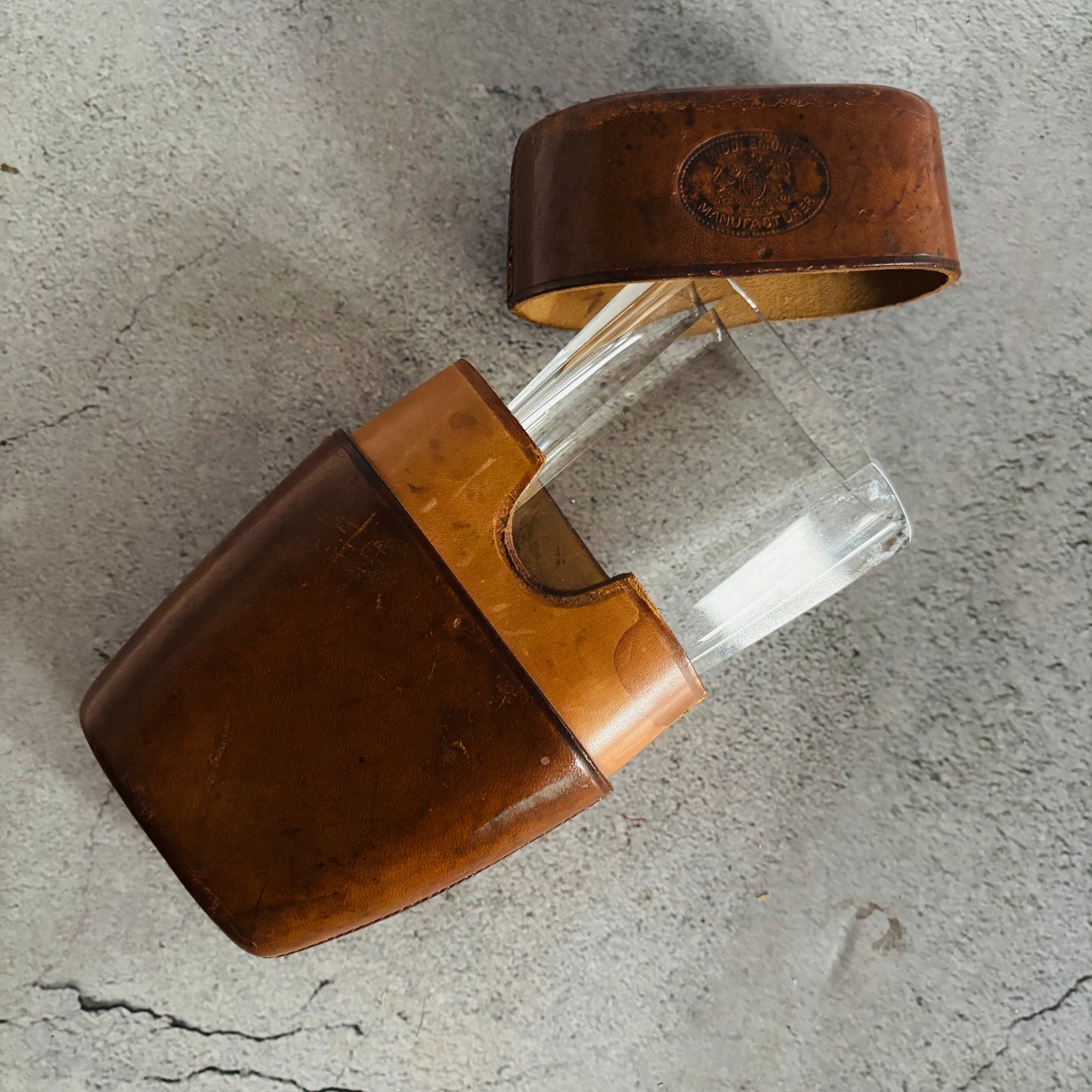 Antique Leather Travel Cup Holder and Glass Cup