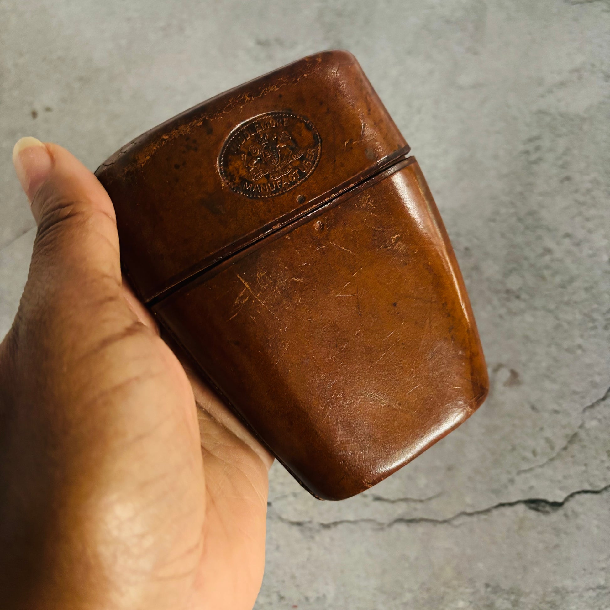 Antique Leather Travel Cup Holder and Glass Cup