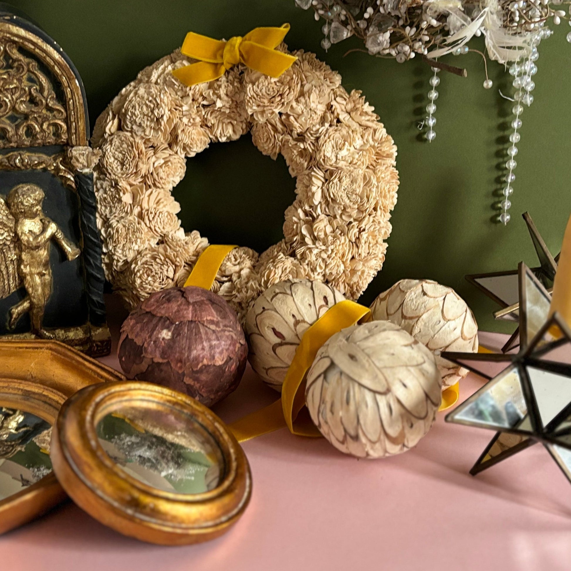 Vintage Dried Paper Wood Flower Balls | Vintage Christmas Festive Decor