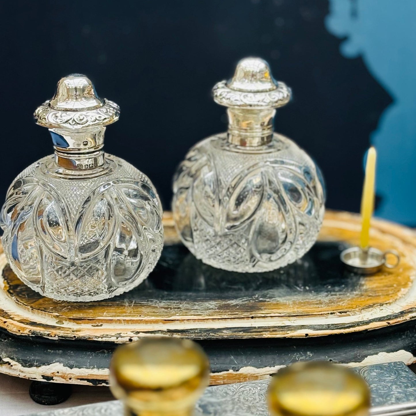 Antique Pair Of Silver Topped Scent Bottles 