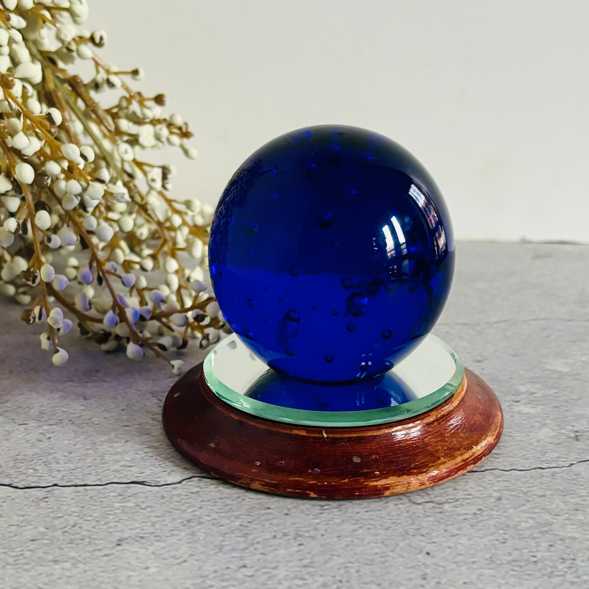 Vintage Blue Glass Ball Paperweight 