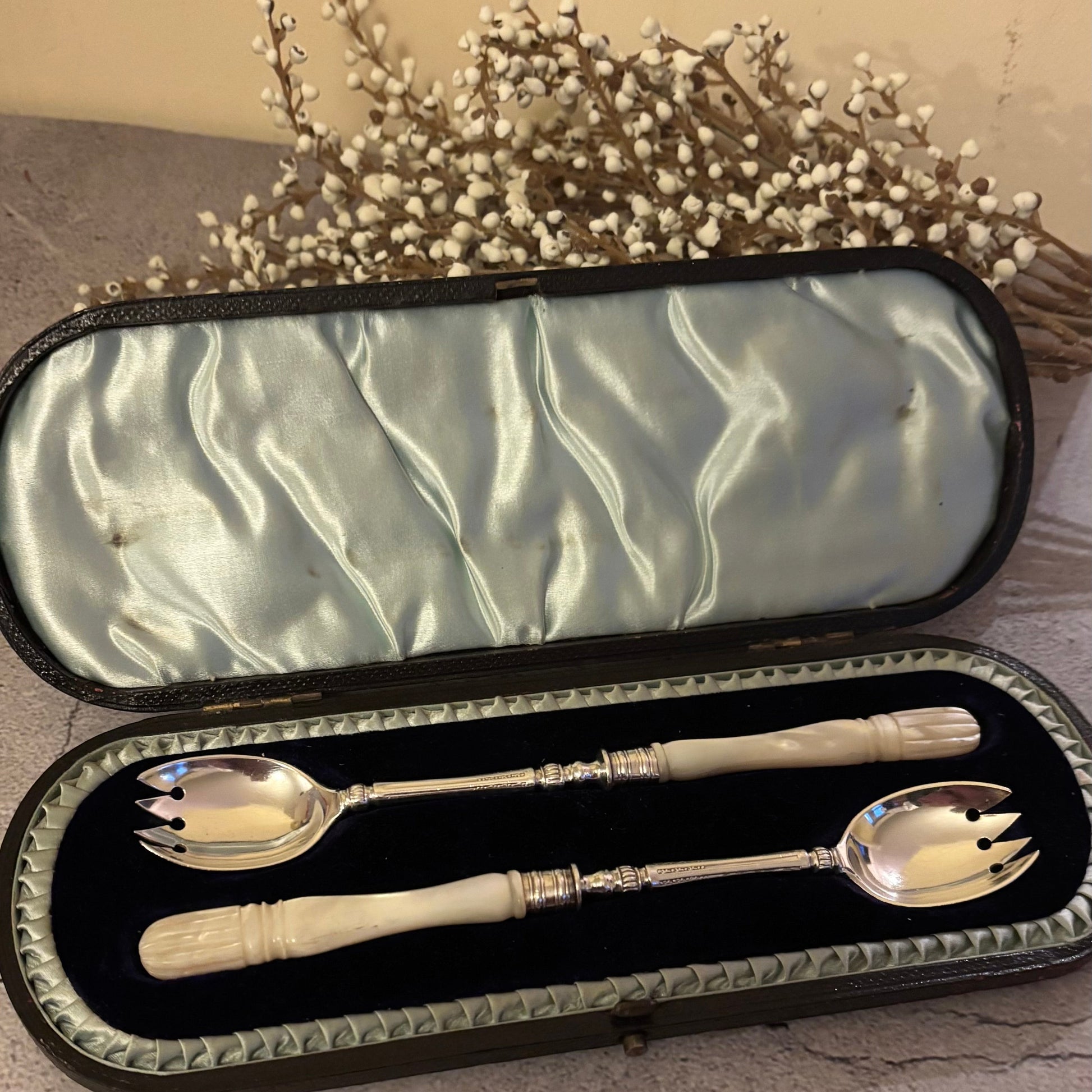 Silver cutlery set with a black case on a light surface