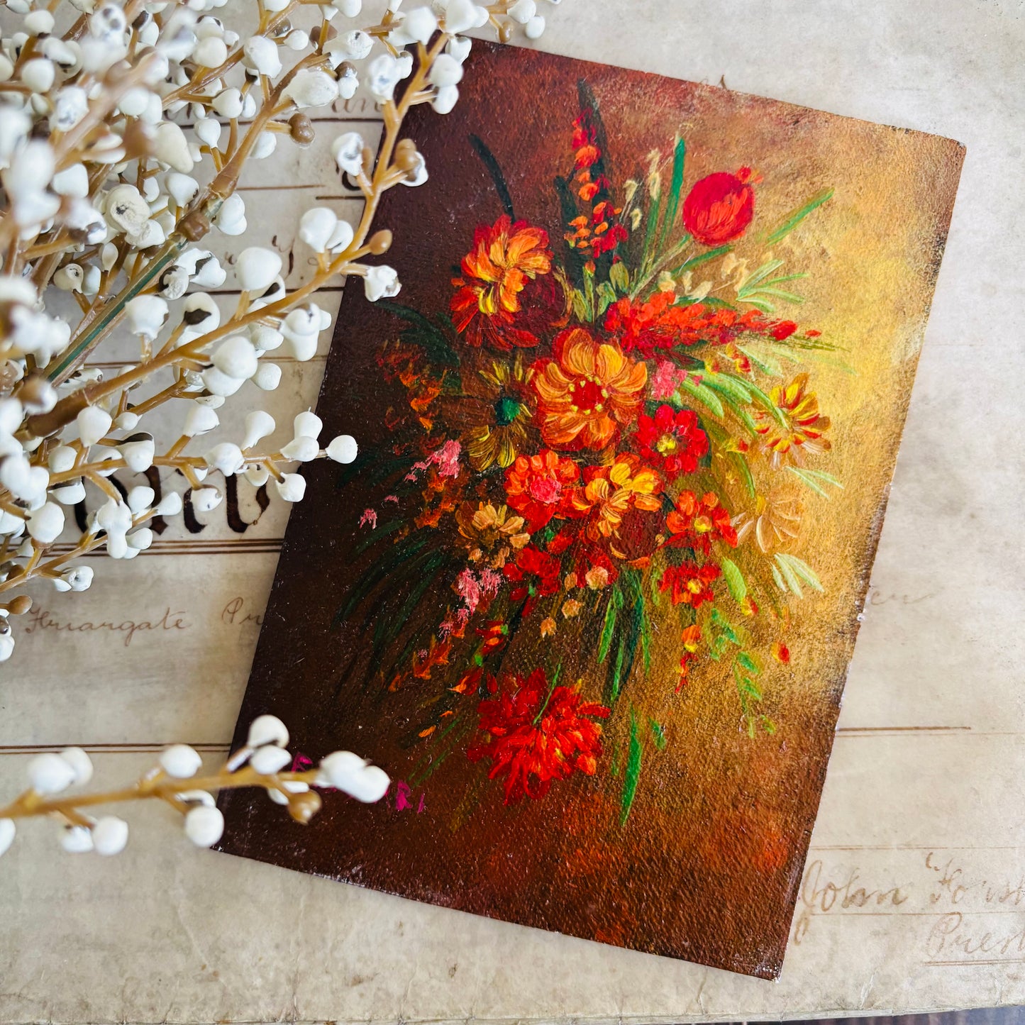 Vintage Miniature Paintings of Flowers on Board
