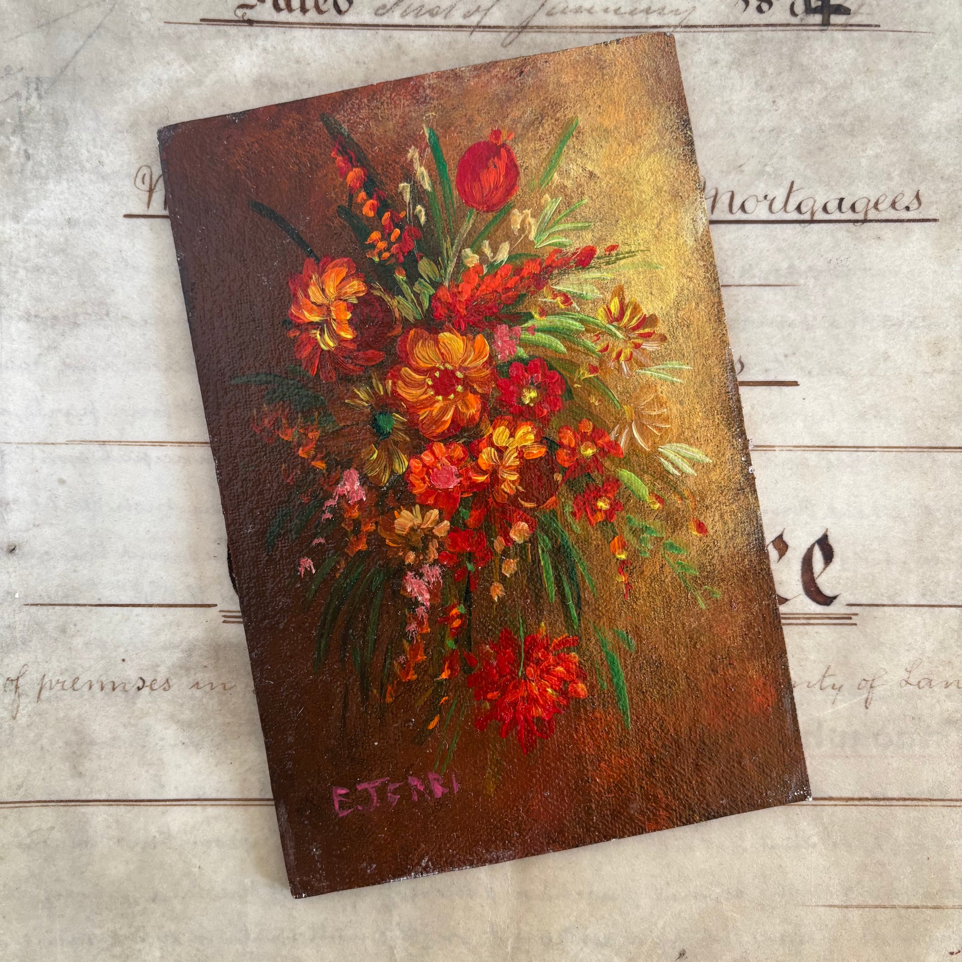 Floral painting on a textured surface