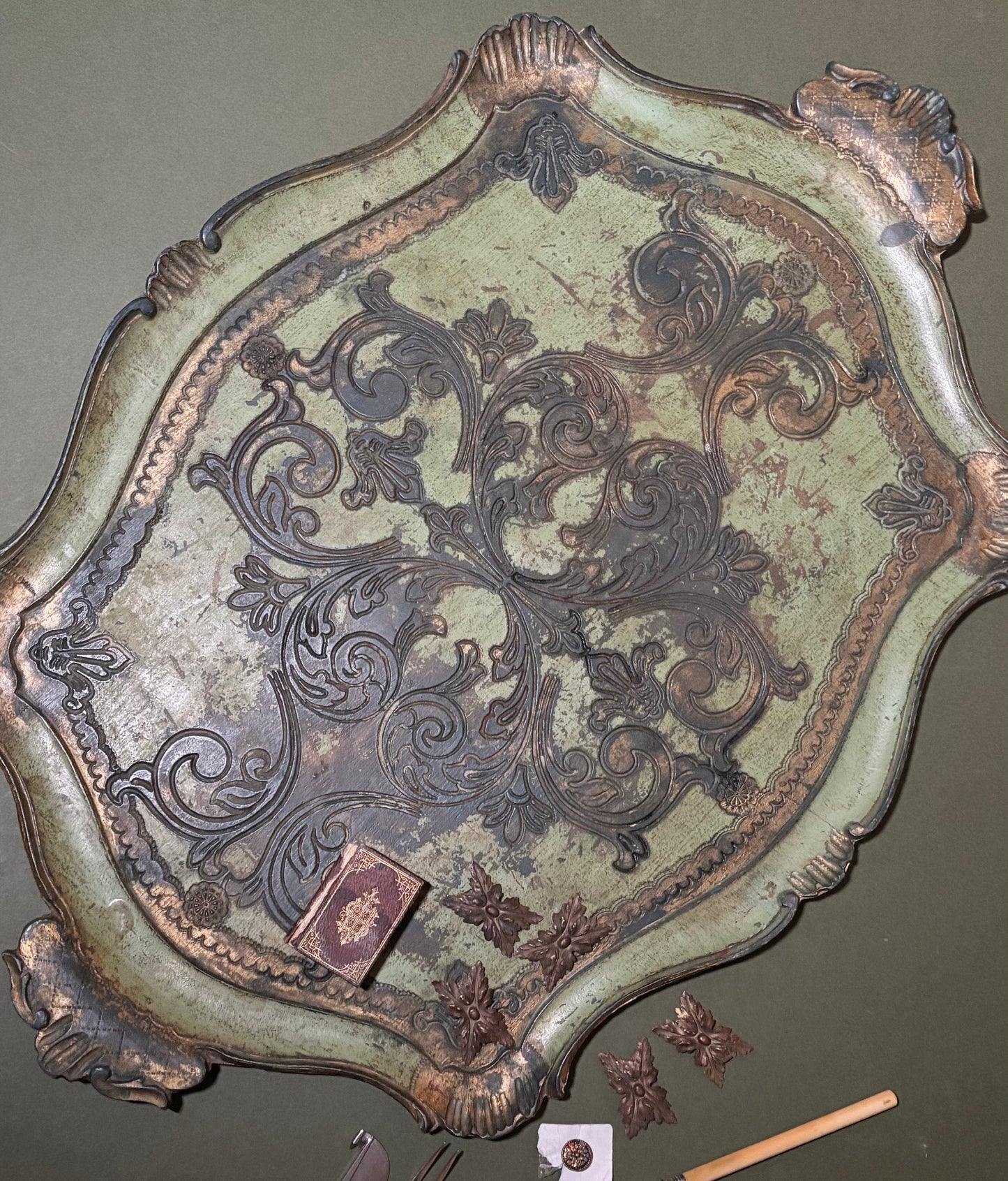 The Tattooist Howard  - Large Distressed Green and Gold Florentine Tray