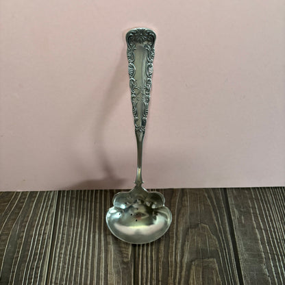 Decorative silver spoon on a wooden surface with a white background