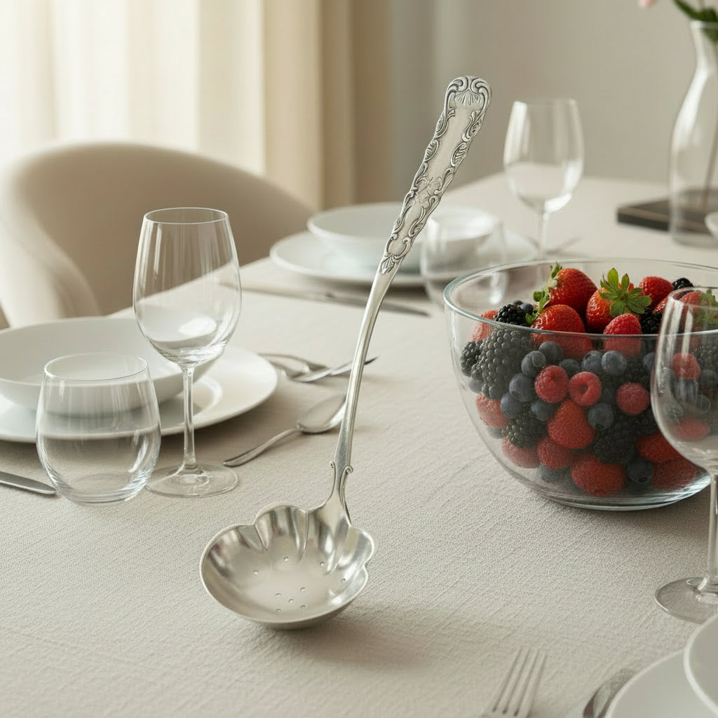 Silver ladle on a table with glasses, plates, and a bowl of berries.