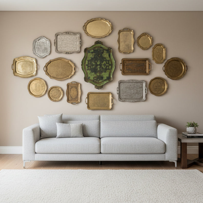 Decorative green tray with intricate patterns on wall in the front room with other trays 