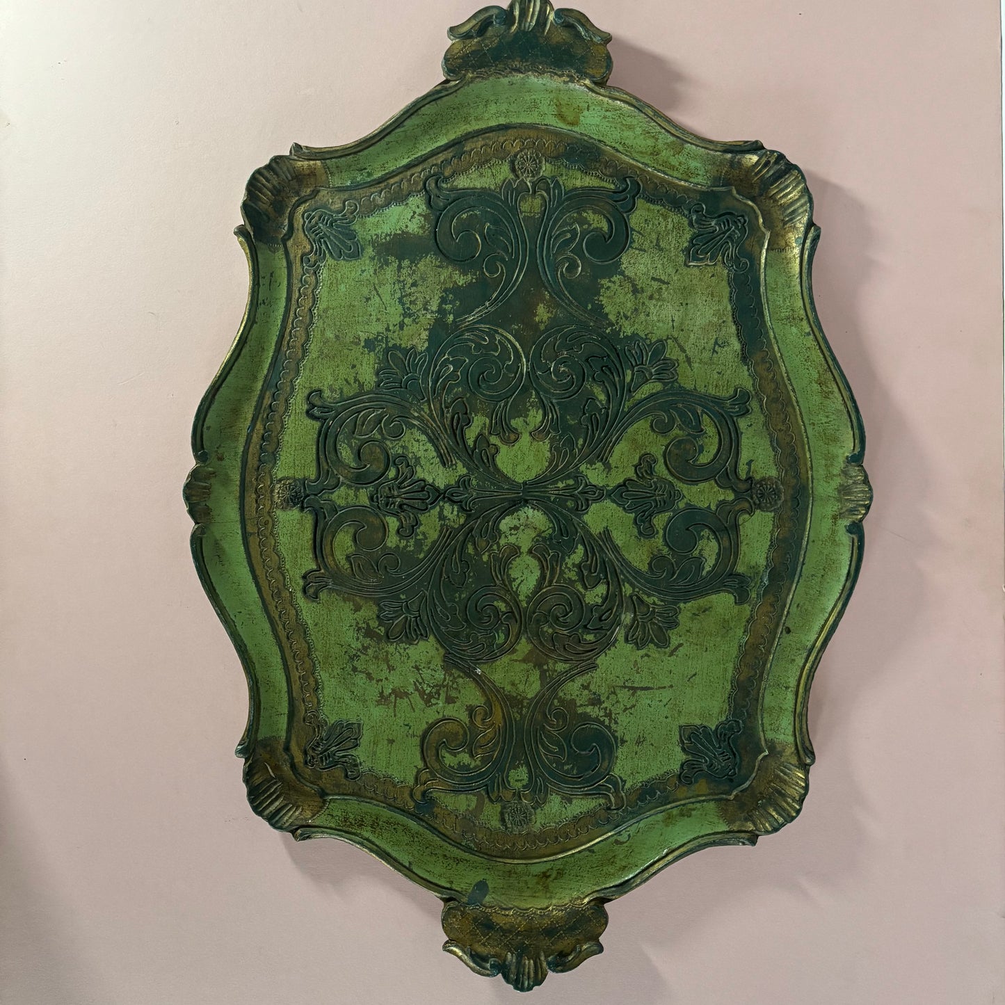 Vintage Florentine Distresses Green & Gold Decorative Italian Tray