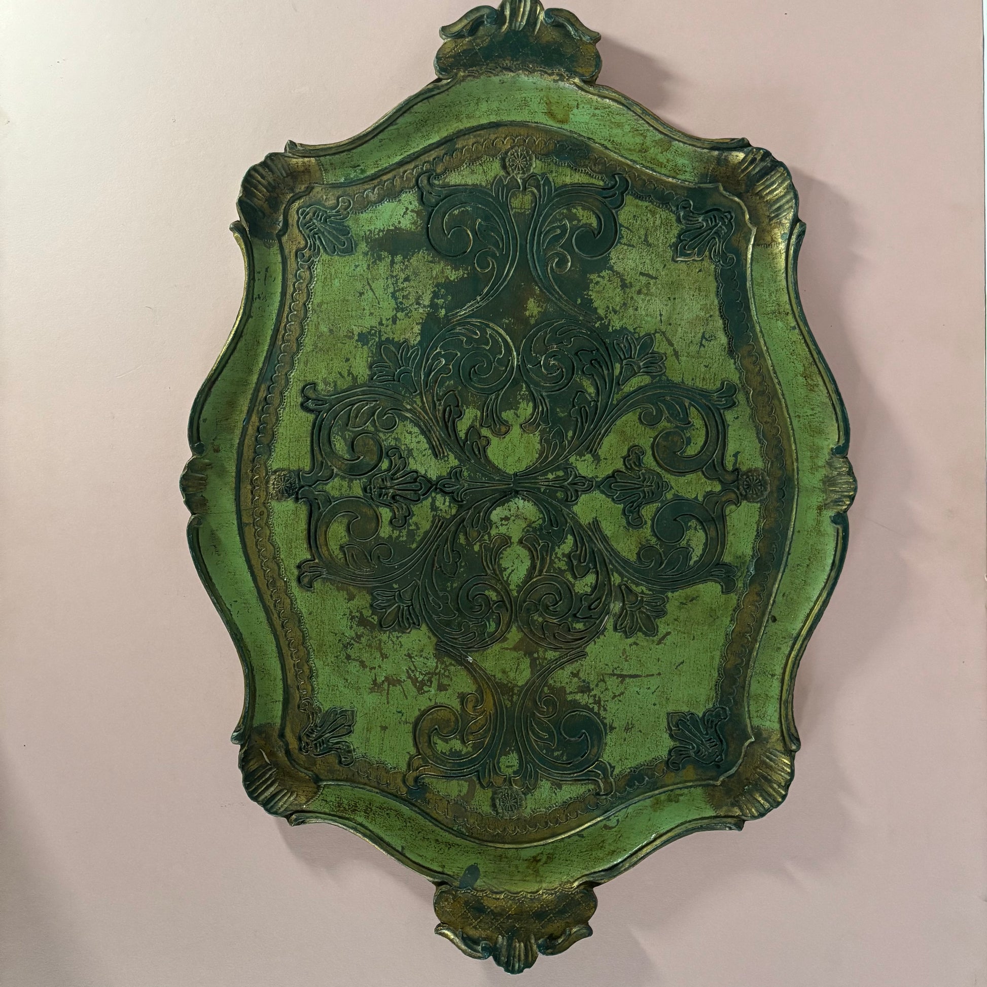 Vintage Florentine Distresses Green & Gold Decorative Italian Tray