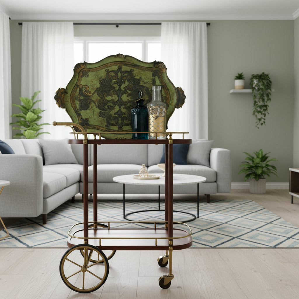 Decorative bar cart in a living room setting with a sofa and plants.