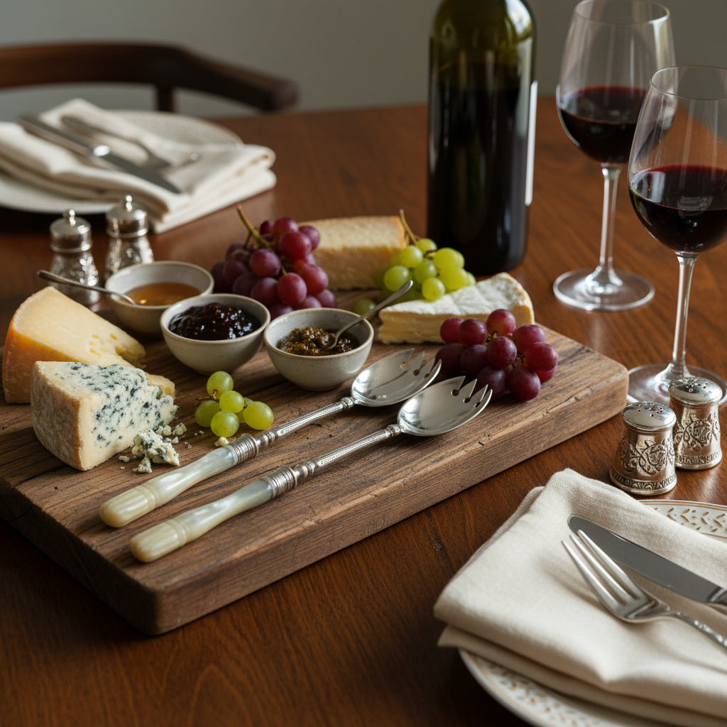 Wooden cheeseboard with assorted cheeses, grapes, and accompaniments on a table with wine glasses and a bottle.