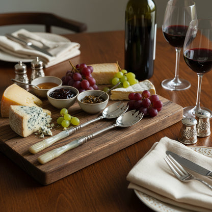 Wooden cheeseboard with assorted cheeses, grapes, and accompaniments on a table with wine glasses and a bottle.