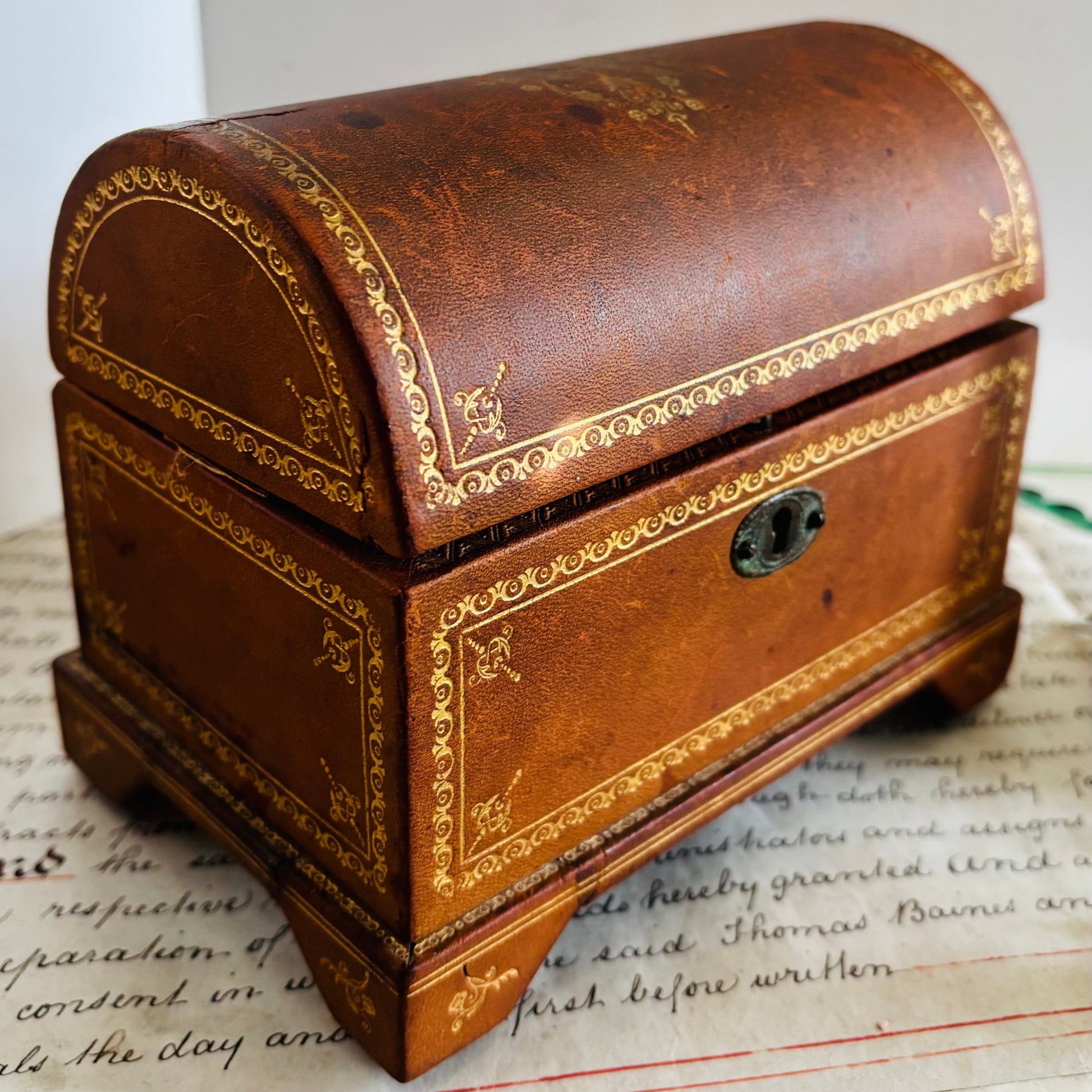 Antique Leather Florentine Box | Tooled Leather Jewellery Box 