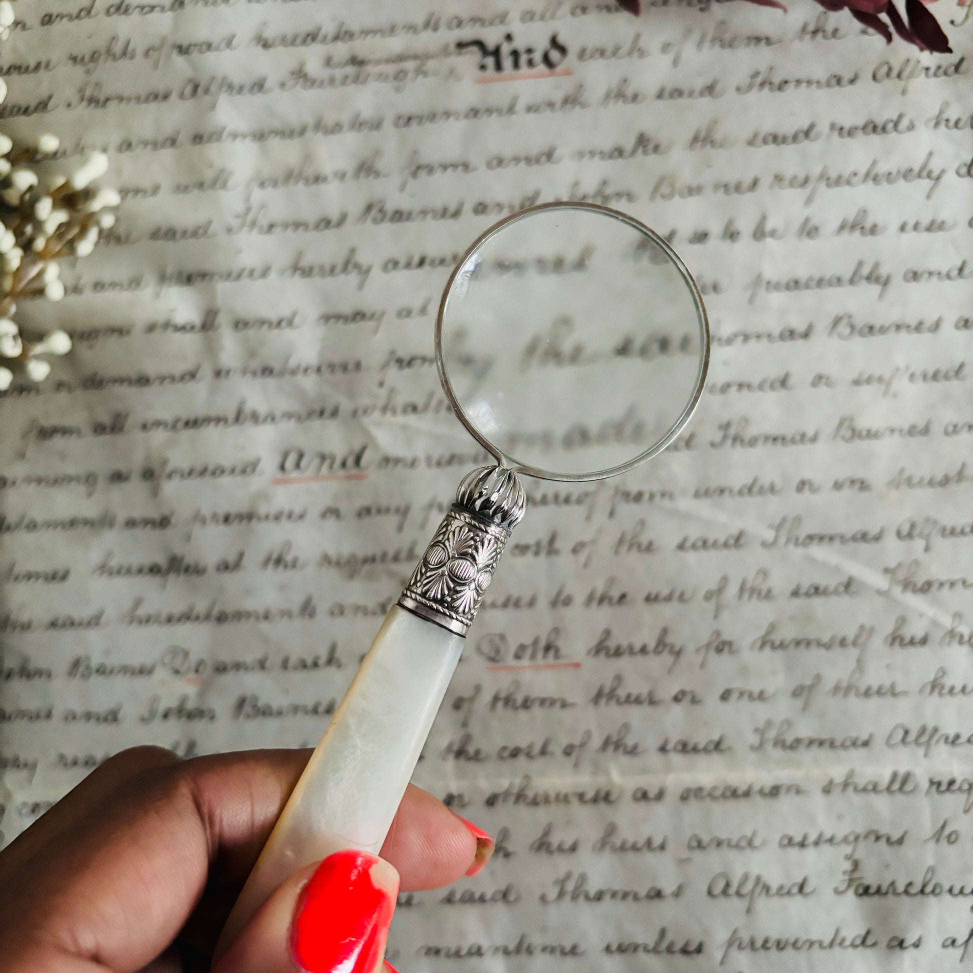 Magnifying Glass with Antique Cutlery Handles | Mother of Pearl & Silver