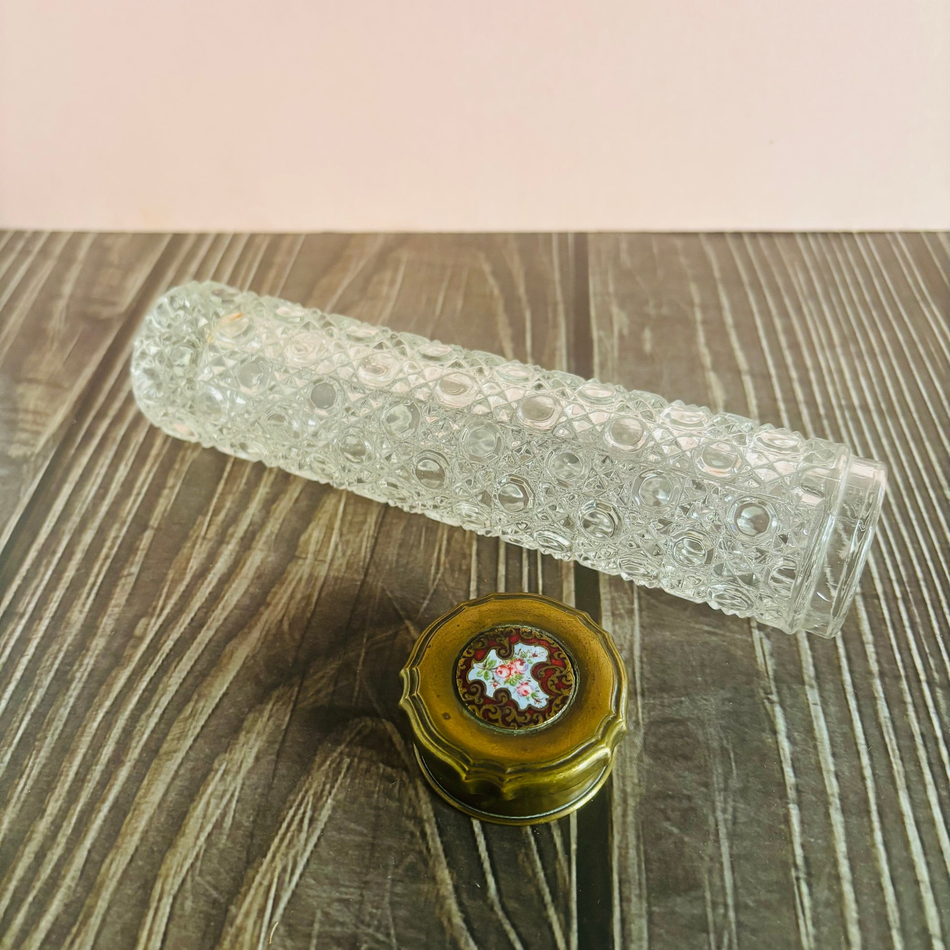 Antique Honeycomb Glass & Enamel Vanity Jar